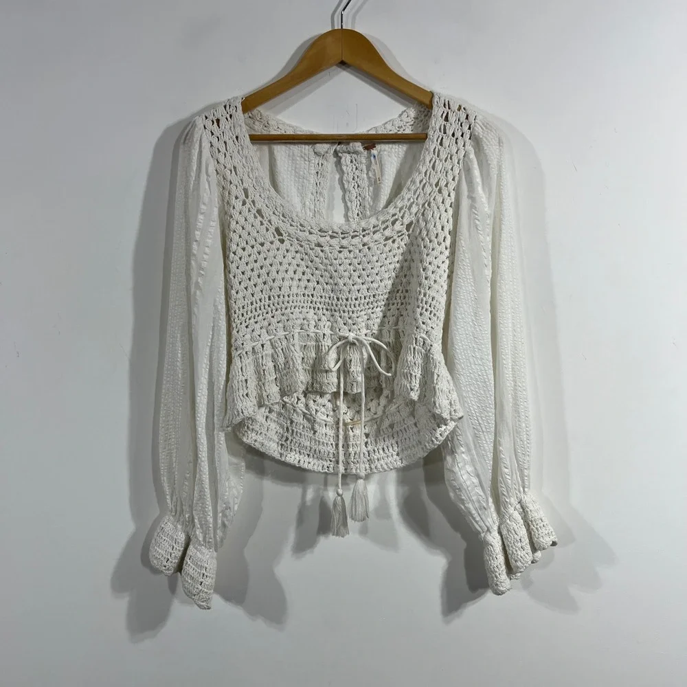 Free People Boho Festival Crochet Babydoll Open Knit Crop Top Medium Renfair
